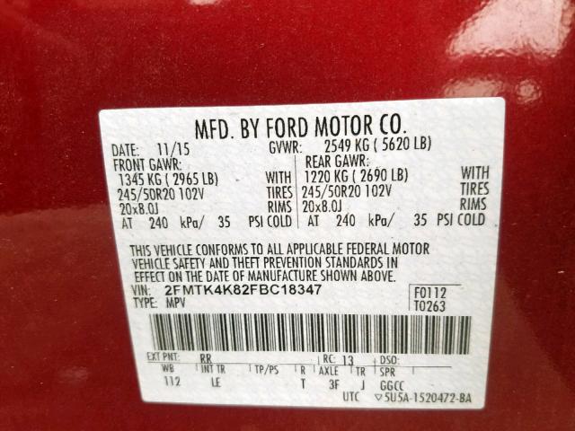 2FMTK4K82FBC18347 - 2015 FORD EDGE TITAN RED photo 10