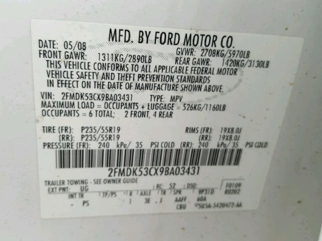 2FMDK53CX9BA03431 - 2009 FORD FLEX LIMIT WHITE photo 10