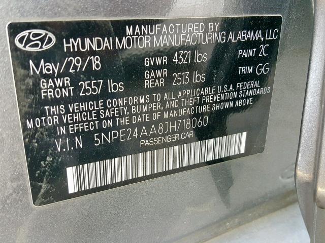 5NPE24AA8JH718060 - 2018 HYUNDAI SONATA ECO CHARCOAL photo 10