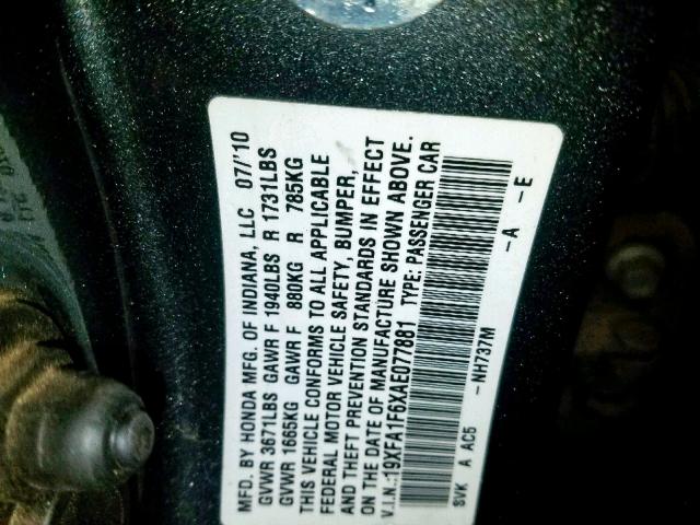 19XFA1F6XAE077881 - 2010 HONDA CIVIC LX-S Grafit foto 10