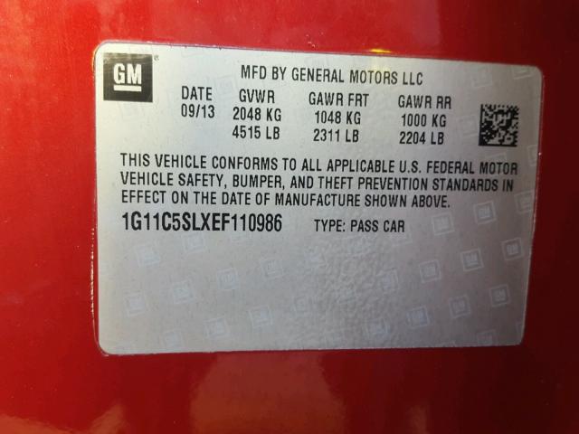 1G11C5SLXEF110986 - 2014 CHEVROLET MALIBU 1LT RED photo 10