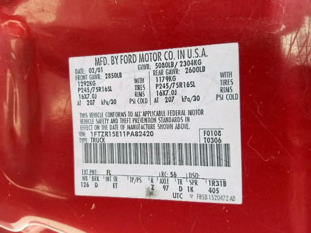 1FTZR15E11PA82420 - 2001 FORD RANGER SUP RED photo 10