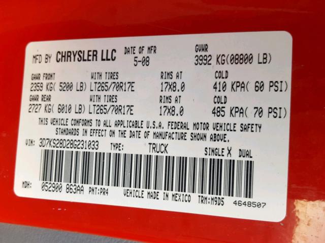 3D7KS28D28G231033 - 2008 DODGE RAM 2500 S Qırmızı foto 10