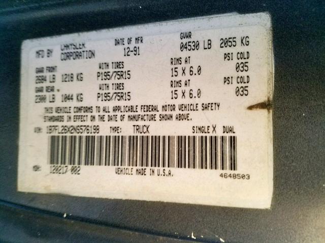 1B7FL26X2NS576198 - 1992 DODGE DAKOTA BLACK photo 10