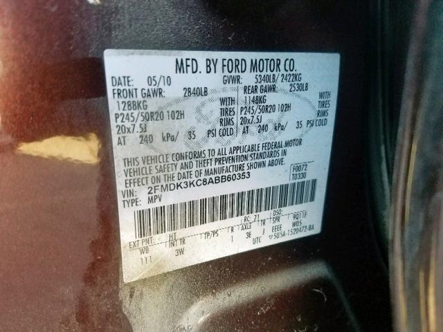 2FMDK3KC8ABB60353 - 2010 FORD EDGE LIMIT MAROON photo 10