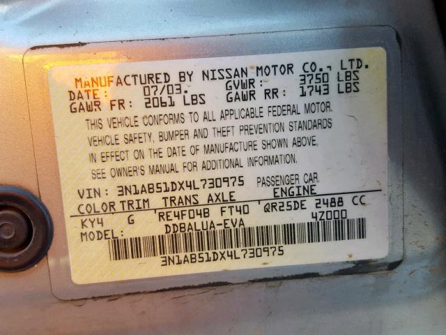 3N1AB51DX4L730975 - 2004 NISSAN SENTRA SE- SILVER photo 10