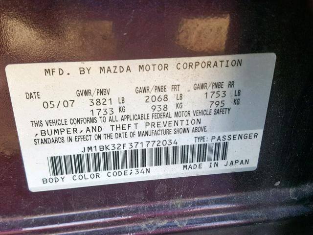 JM1BK32F371772034 - 2007 MAZDA 3 I PURPLE photo 10