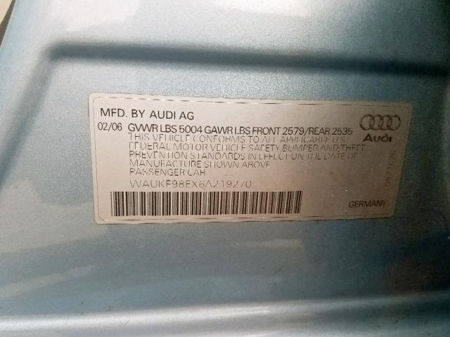 WAUKF98EX6A219270 - 2006 AUDI A4 2.0T AV BLUE photo 10