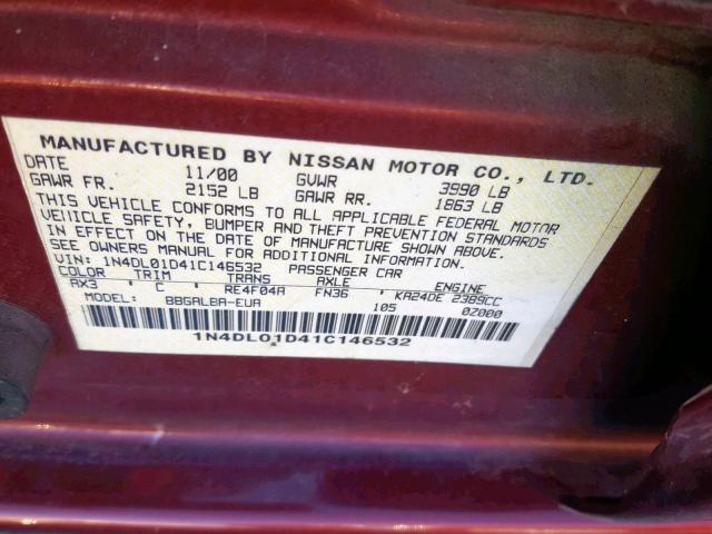 1N4DL01D41C146532 - 2001 NISSAN ALTIMA XE RED photo 10