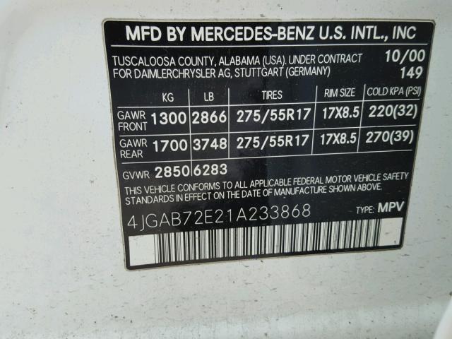 4JGAB72E21A233868 - 2001 MERCEDES-BENZ ML 430 白色 照片 10
