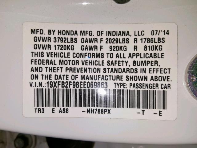 19XFB2F98EE069863 - 2014 HONDA CIVIC EXL 白色 照片 10