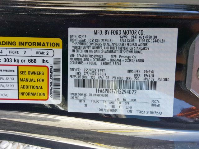 1FA6P8CF7H5294022 - 2017 FORD MUSTANG GT BLACK photo 10