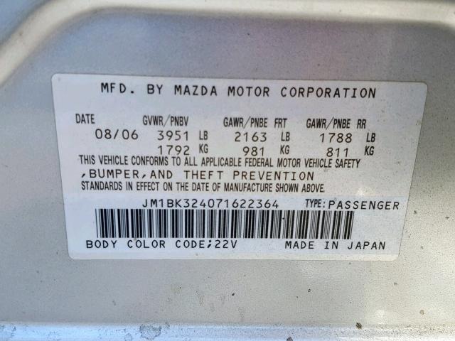 JM1BK324071622364 - 2007 MAZDA 3 S SILVER photo 10