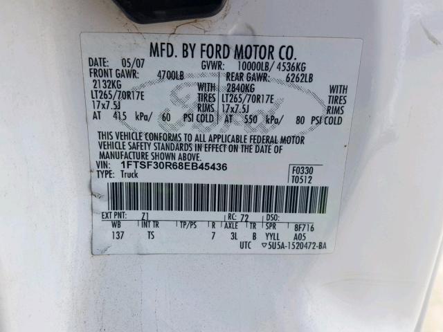 1FTSF30R68EB45436 - 2008 FORD F350 SRW S WHITE photo 10