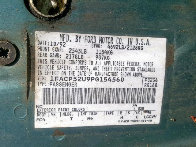 1FACP52U9PG154560 - 1993 FORD TAURUS GL GREEN photo 10