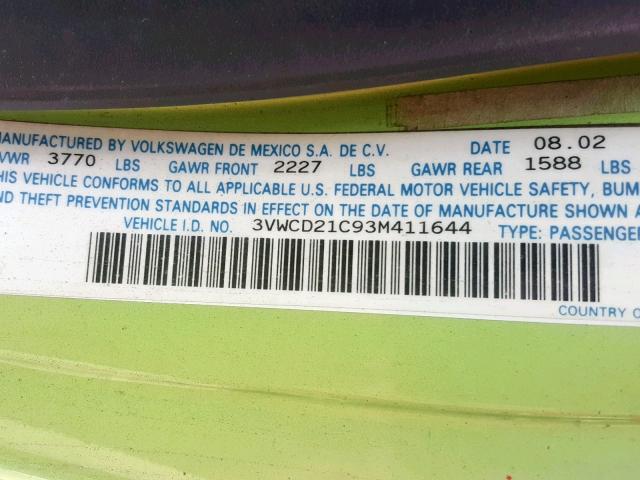 3VWCD21C93M411644 - 2003 VOLKSWAGEN NEW BEETLE მწვანე ფოტო 10