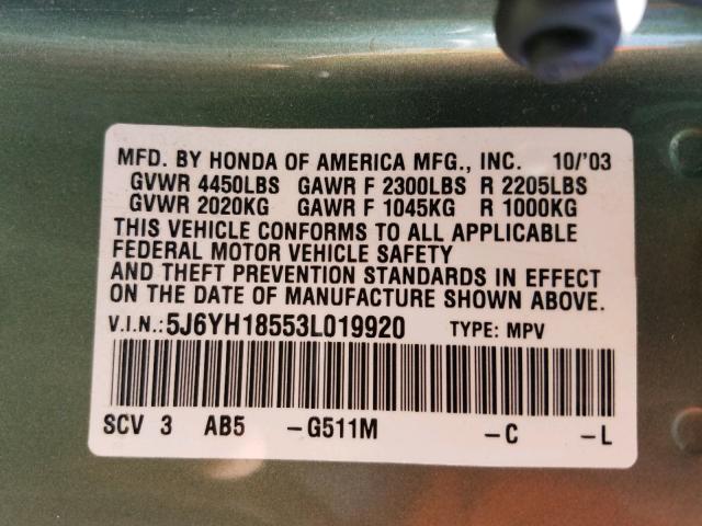 5J6YH18553L019920 - 2003 HONDA ELEMENT EX GREEN photo 10