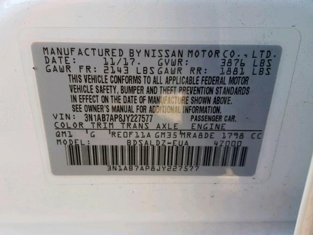 3N1AB7AP8JY227577 - 2018 NISSAN SENTRA S WHITE photo 10