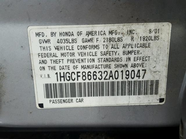 1HGCF86632A019047 - 2002 HONDA ACCORD VAL SILVER photo 10