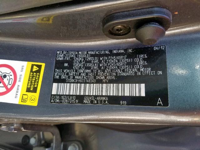 5TDBK3EH6CS148349 - 2012 TOYOTA HIGHLANDER GRAY photo 10