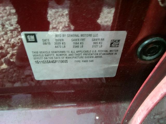 1G11C5SA4GF119605 - 2016 CHEVROLET MALIBU LIM 栗色 照片 10
