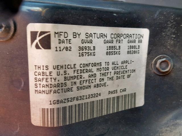 1G8AZ52F63Z123224 - 2003 SATURN ION LEVEL SILVER photo 10