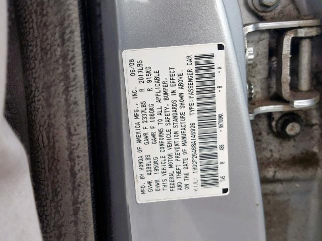 1HGCP26468A146926 - 2008 HONDA ACCORD LXP SILVER photo 10