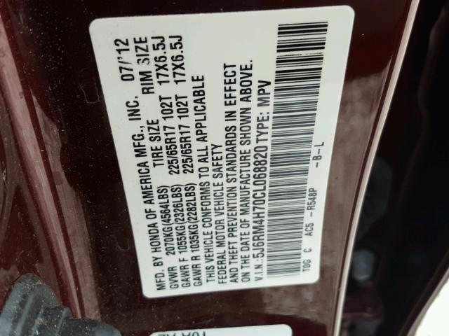 5J6RM4H70CL068820 - 2012 HONDA CR-V EXL MAROON photo 10