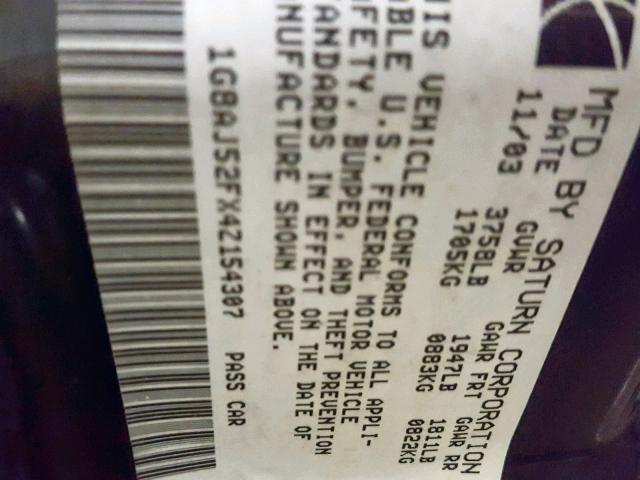 1G8AJ52FX4Z154307 - 2004 SATURN ION LEVEL SILVER photo 10