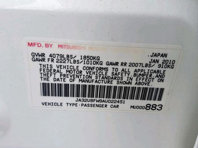 JA32U8FW9AU022451 - 2010 MITSUBISHI LANCER GTS WHITE photo 10