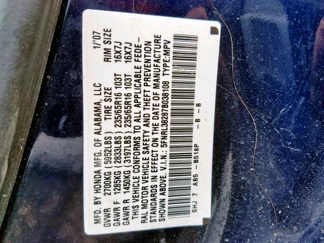 5FNRL38287B038108 - 2007 HONDA ODYSSEY LX BLUE photo 10