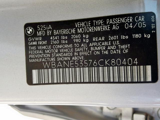 WBANE53576CK80404 - 2006 BMW 525 I SILVER photo 10