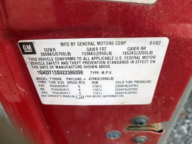 1GKDT13S922386098 - 2002 GMC ENVOY RED photo 10