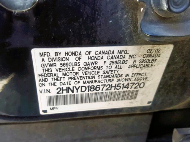 2HNYD18672H514720 - 2002 ACURA MDX TOURIN BLACK photo 10