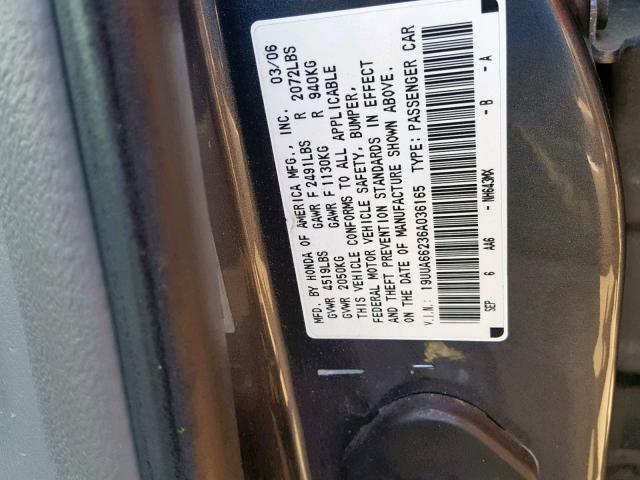 19UUA66236A036165 - 2006 ACURA 3.2TL GRAY photo 10