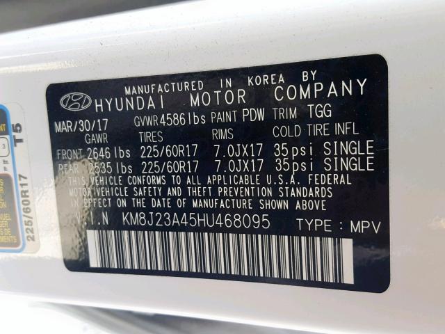 KM8J23A45HU468095 - 2017 HYUNDAI TUCSON SE WHITE photo 10