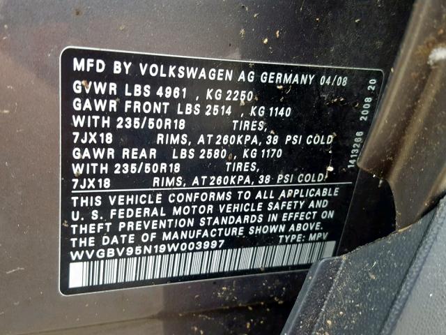 WVGBV95N19W003997 - 2009 VOLKSWAGEN TIGUAN SE GRAY photo 10