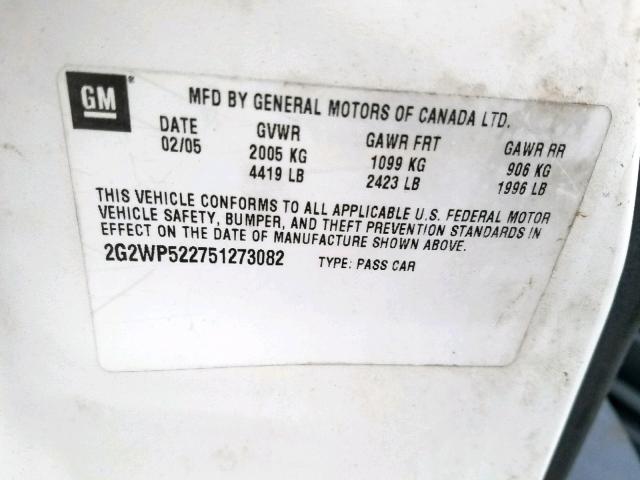 2G2WP522751273082 - 2005 PONTIAC GRAND PRIX WHITE photo 10