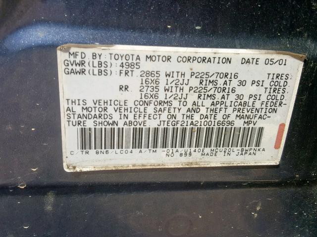 JTEGF21A210016696 - 2001 TOYOTA HIGHLANDER BLUE photo 10