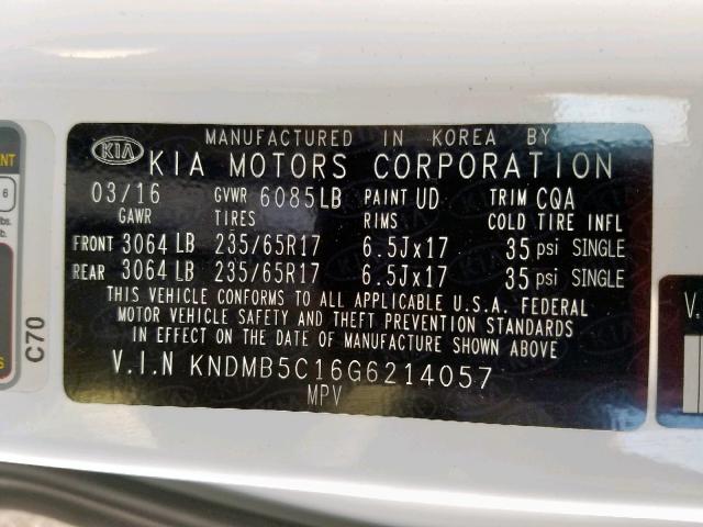 KNDMB5C16G6214057 - 2016 KIA SEDONA LX WHITE photo 10