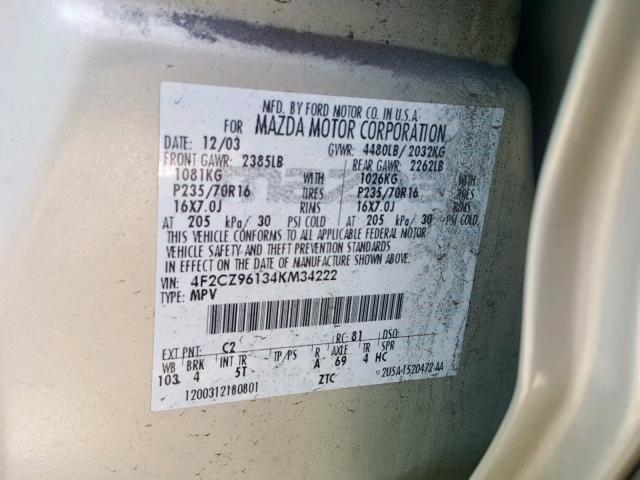 4F2CZ96134KM34222 - 2004 MAZDA TRIBUTE ES 棕色 照片 10