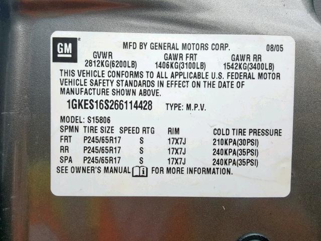 1GKES16S266114428 - 2006 GMC ENVOY XL GRAY photo 10