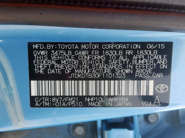 JTDKDTB30F1101323 - 2015 TOYOTA PRIUS C BLUE photo 10