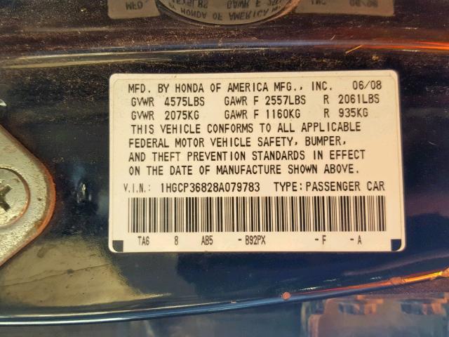 1HGCP36828A079783 - 2008 HONDA ACCORD EXL BLACK photo 10