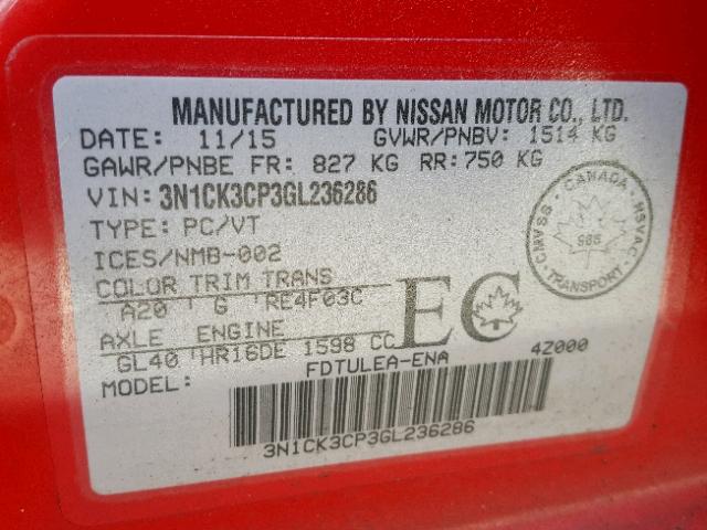 3N1CK3CP3GL236286 - 2016 NISSAN MICRA RED photo 10