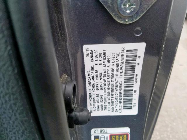 2HGFG3B09FH528923 - 2015 HONDA CIVIC EXL 灰色 照片 10