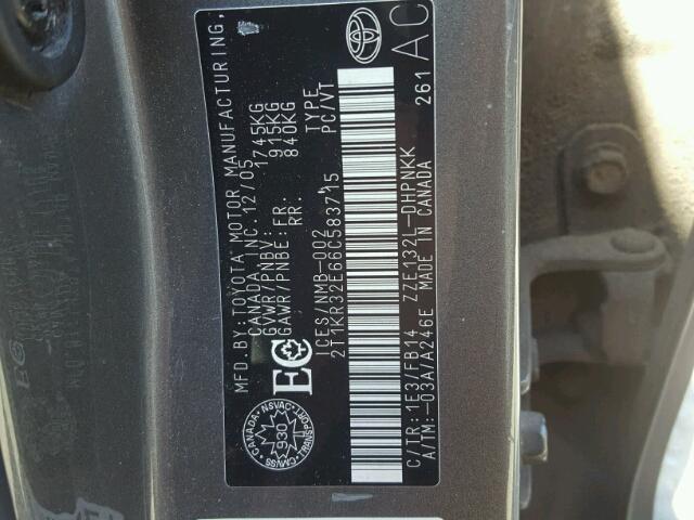 2T1KR32E66C583715 - 2006 TOYOTA COROLLA MA GRAY photo 10