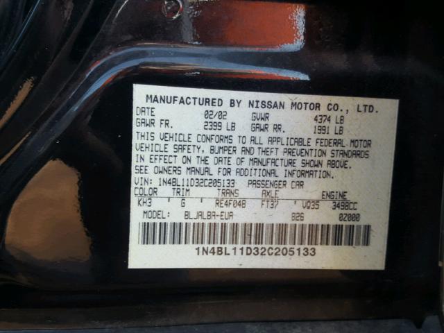 1N4BL11D32C205133 - 2002 NISSAN ALTIMA SE BLACK photo 10