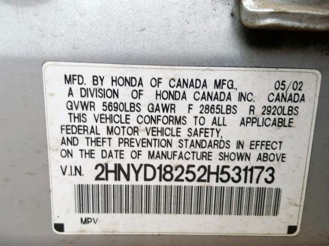 2HNYD18252H531173 - 2002 ACURA MDX SILVER photo 10