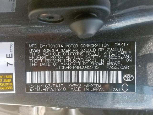 JTDKARFP4H3042745 - 2017 TOYOTA PRIUS PRIM 灰色 照片 10
